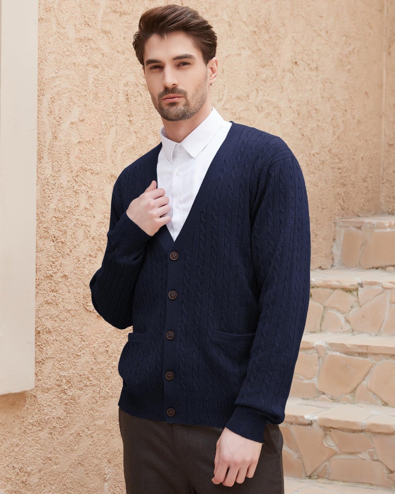 Kallspin Men's Cardigan Sweater Wool Blend Cable Knit V Neck Buttons Cardigan with Pockets(Navy Blue, Large) - Image 5